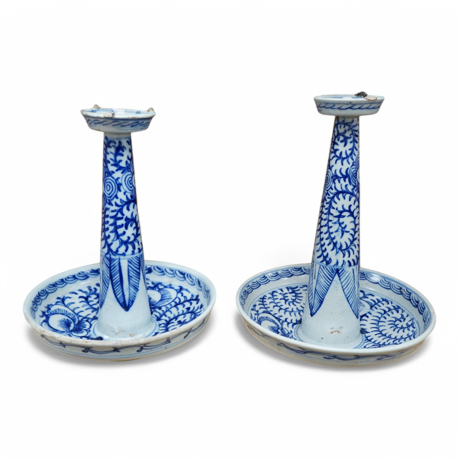 Two Chinese blue and white earthenware joss stick holders, tallest 27cm high. Condition - damage to top and bottom rims